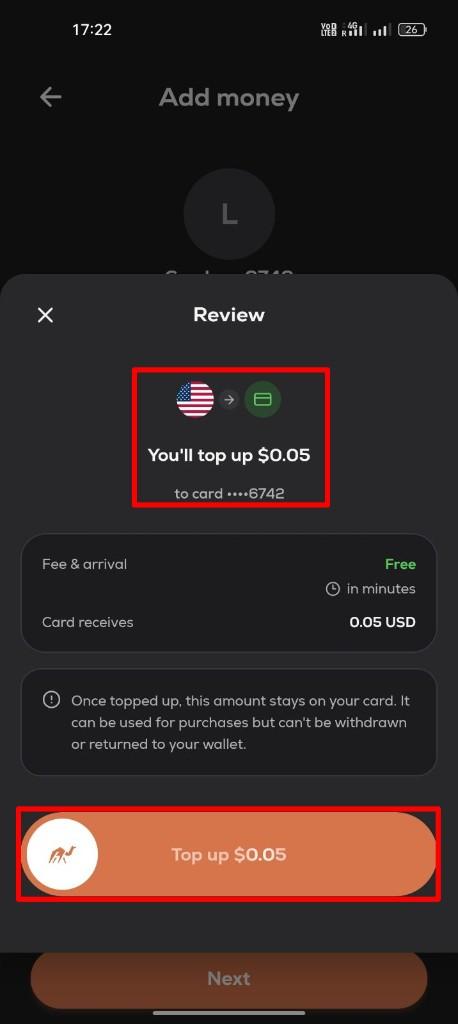 Stack card top-up review screen