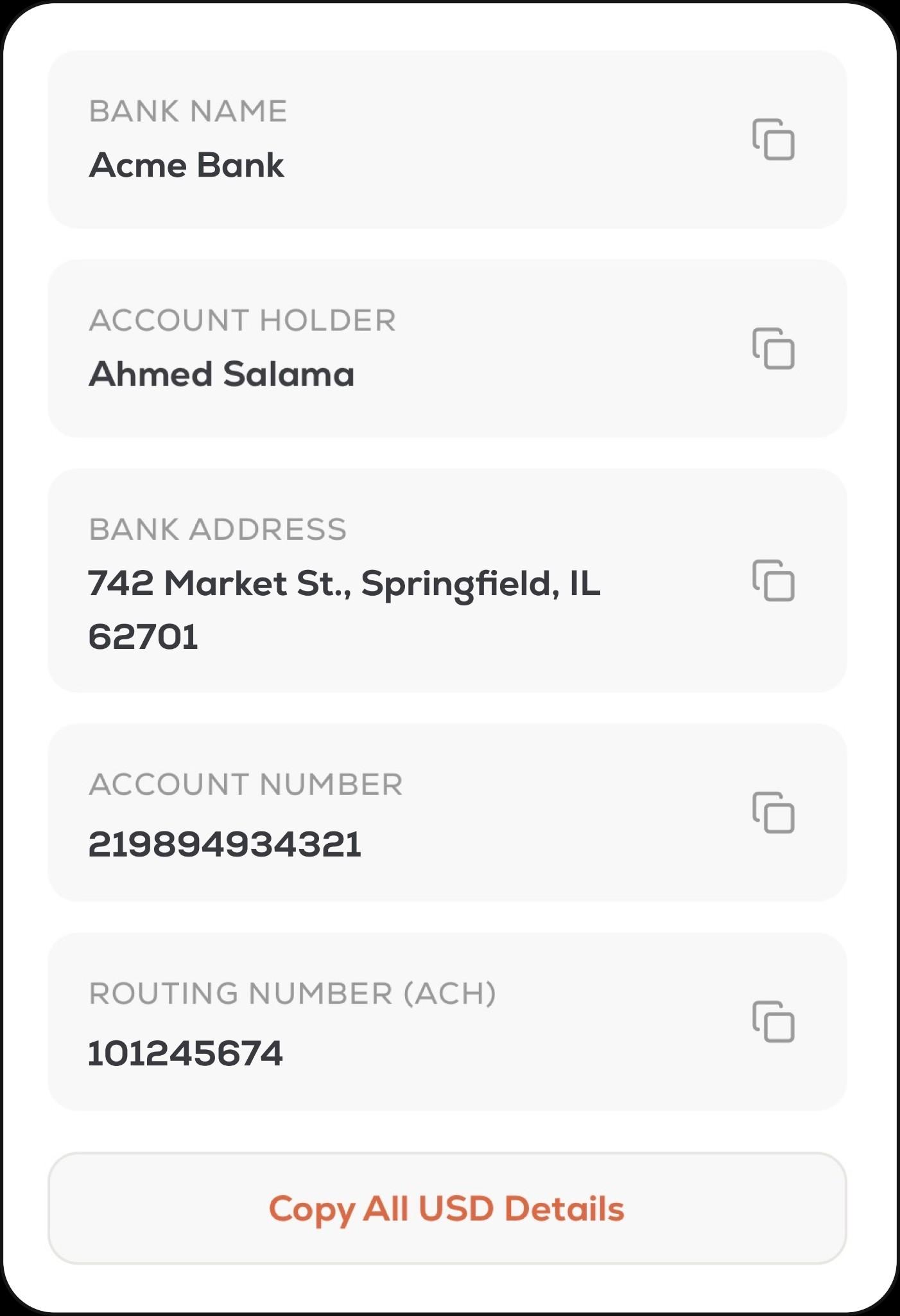 Stack USD bank account details: routing number and account number